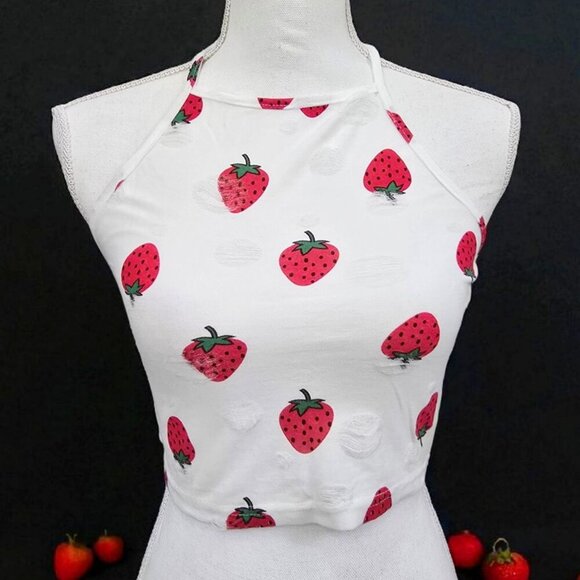 Shein ✦ Strawberry Print Halter Crop Top ✦ Tie-Back Cotton Blend White/Red M - Picture 2 of 11